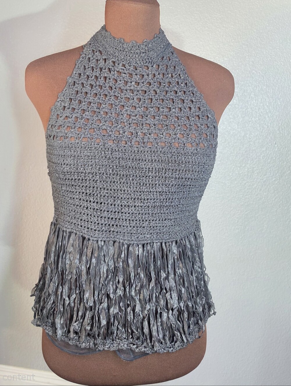 Zara Knit Crochet Open Back Halter Fringe Festival Top L